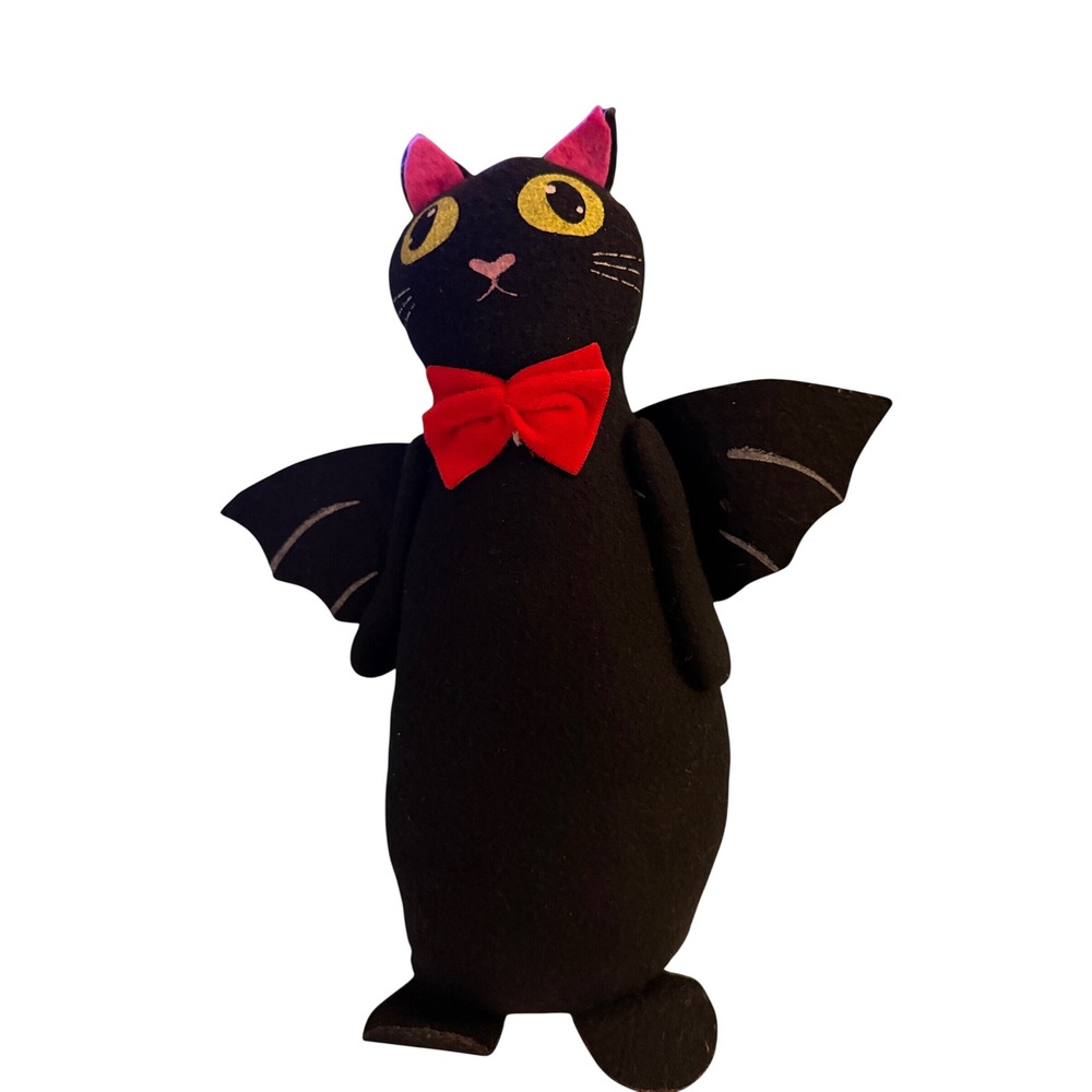 Bat Cat Plush Small Black Red Bow Tie Spooky Winged Felt Toy